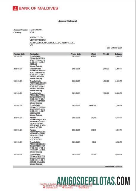 Extrato de conta do Maldives Bank Of Maldives para download, modelo Word e PDF